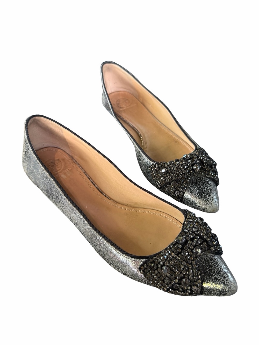 Tory Burch Vanessa Metallic Silver Pointed Toe Crystal Bow Ballerina Flat Size 9 - Picture 2 of 11